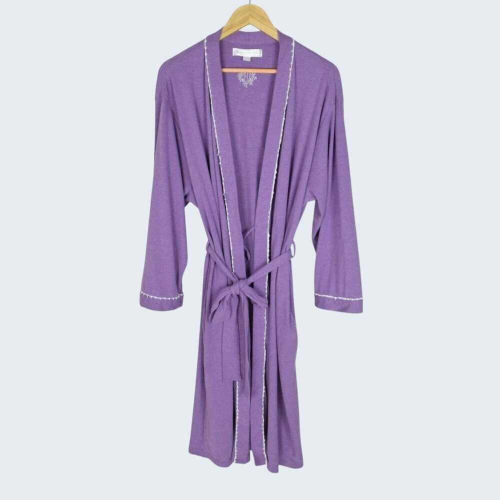 EILEEN WEST COTTON PURPLE LONG SLEEVE BELTED POCKETS ROBE - Picture 2 of 10